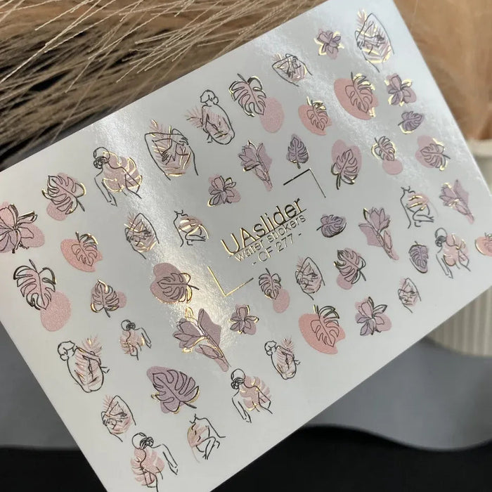 Sticker Water Decal CF-277, Female Silhouettes, Tropical Leaves & Gold Accents
