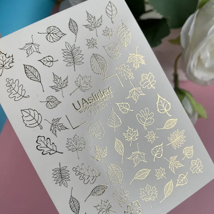 Sticker 001, Wasser-Nagelsticker mit goldenen Blättern