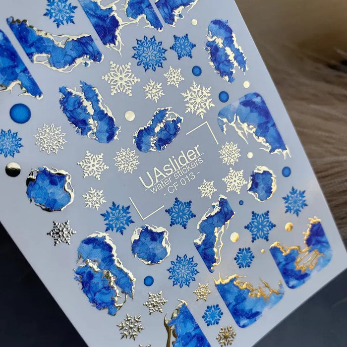 Sticker 013, blaue Steintexturen mit Goldfolie und Schneeflocken