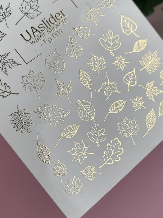 Sticker 001, Wasser-Nagelsticker mit goldenen Blättern