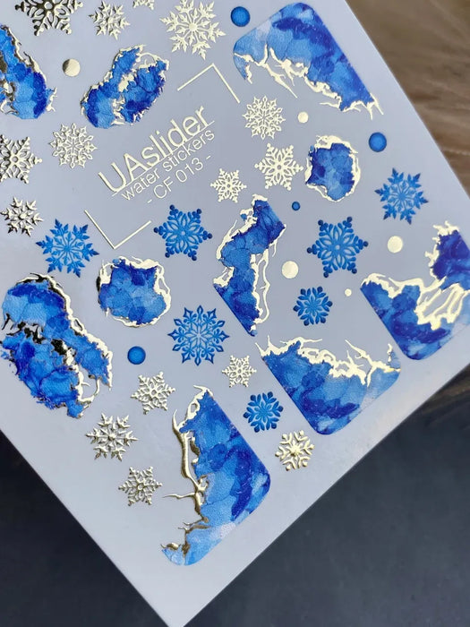 Sticker 013, blaue Steintexturen mit Goldfolie und Schneeflocken