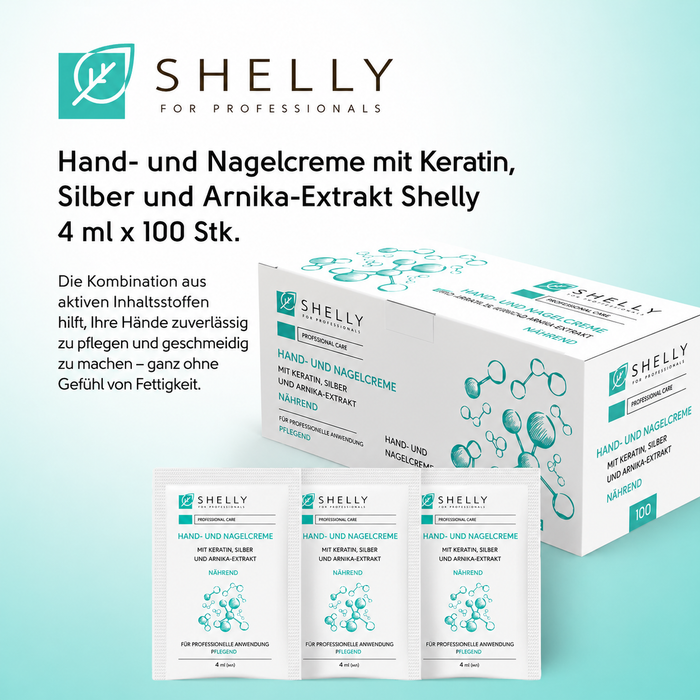 Shelly Hand- und Nagelcreme mit Keratin, Silber und Arnika-Extrakt, 4 ml x 100 St.