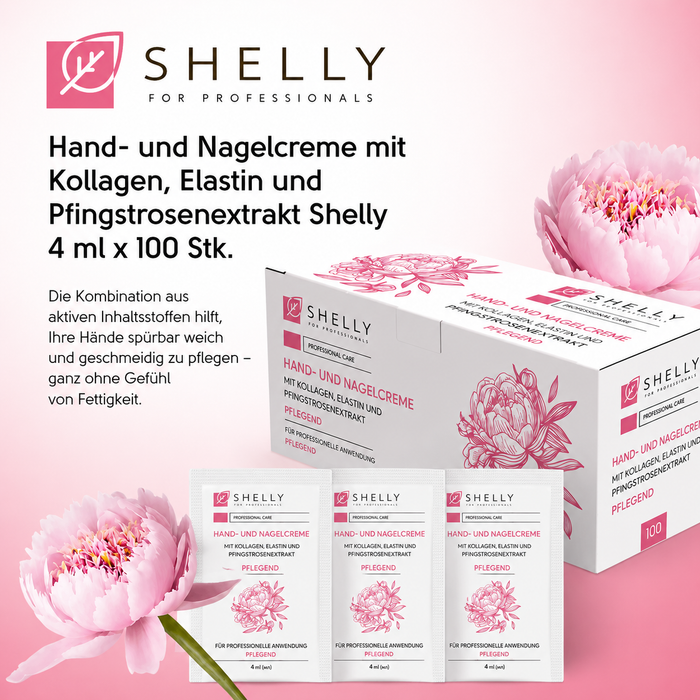 Shelly Hand- und Nagelcreme mit Kollagen, Elastin und Pfingstrosen-Extrakt, 4 ml x 100 St