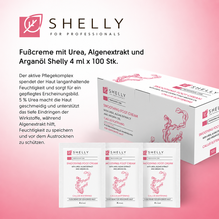 Shelly Fußcreme mit Urea, Algenextrakt und Arganöl für weiche Haut, 4 ml x 100 St