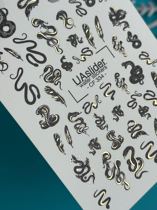 Sticker Water Decal CF-334, Black and Gold Snakes & Feathers