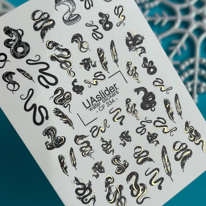 Sticker Water Decal CF-334, Black and Gold Snakes & Feathers